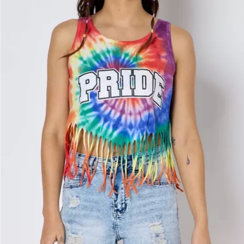 Rainbow Pride Fringe Crop Top Tank Top sz M